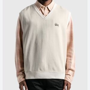 Stussy Sweatshirt Fleece Vest Natural Cream Embroidered Logo VNeck Cotton Large